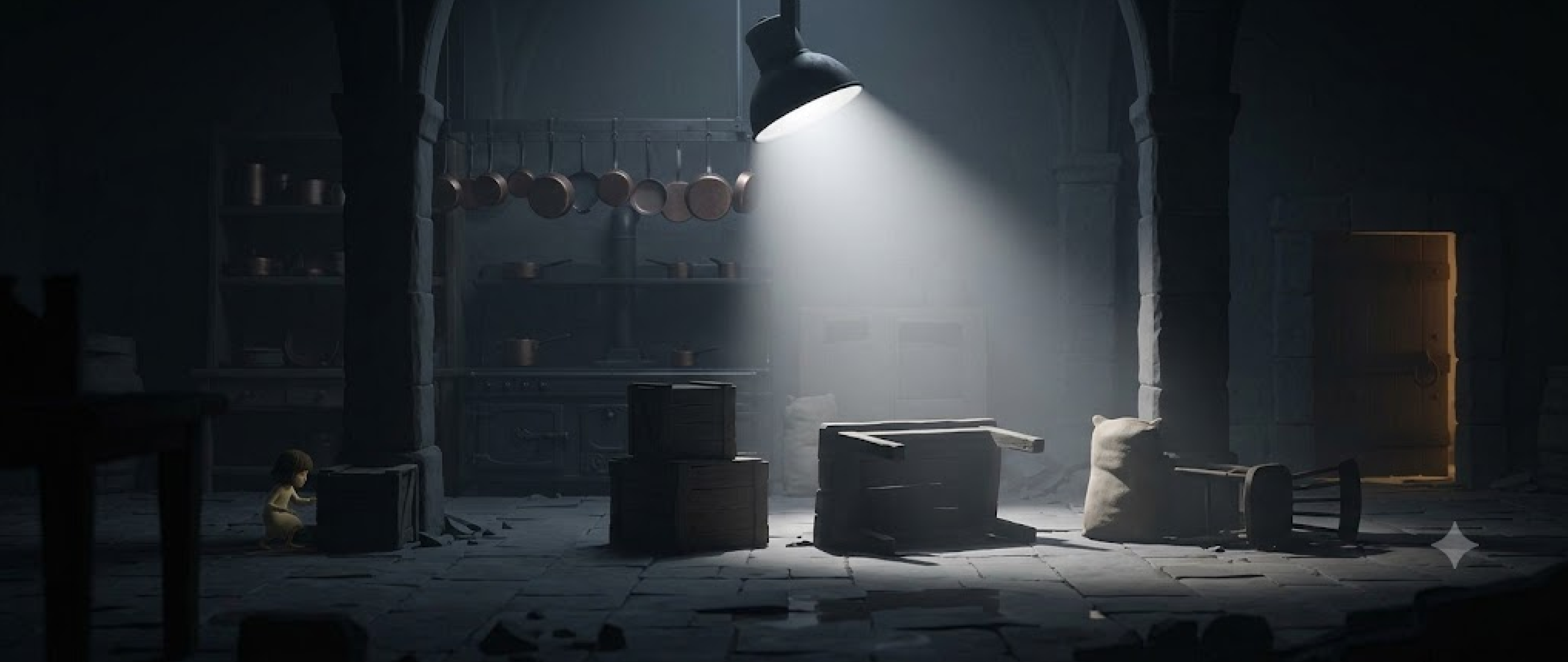 A dim stone kitchen lit by a single failing lamp